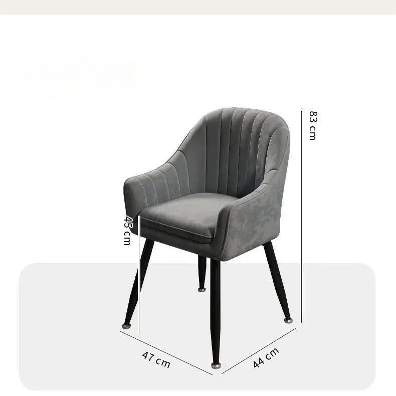 Gray upholstered chair with dimensions on a white background