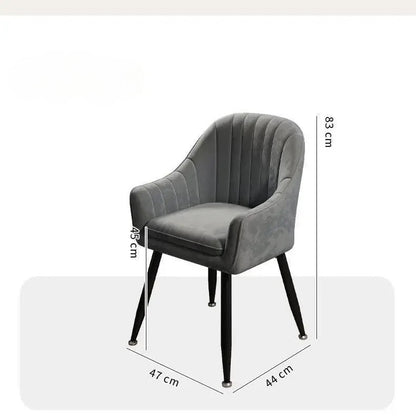 Gray upholstered chair with dimensions on a white background