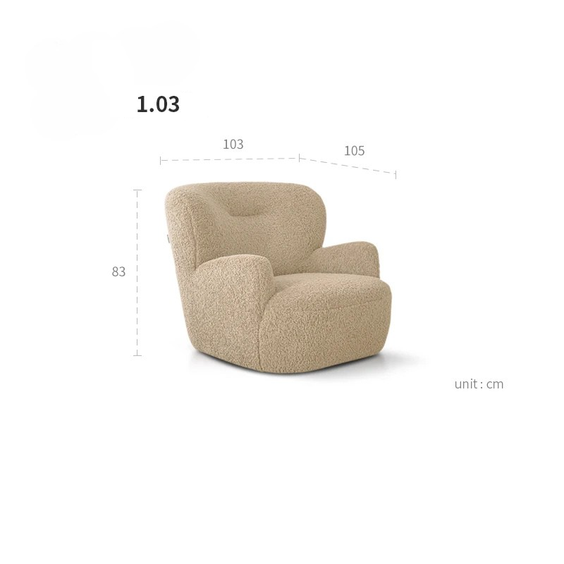 Beige armchair with dimensions on a white background