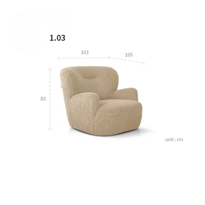Beige armchair with dimensions on a white background